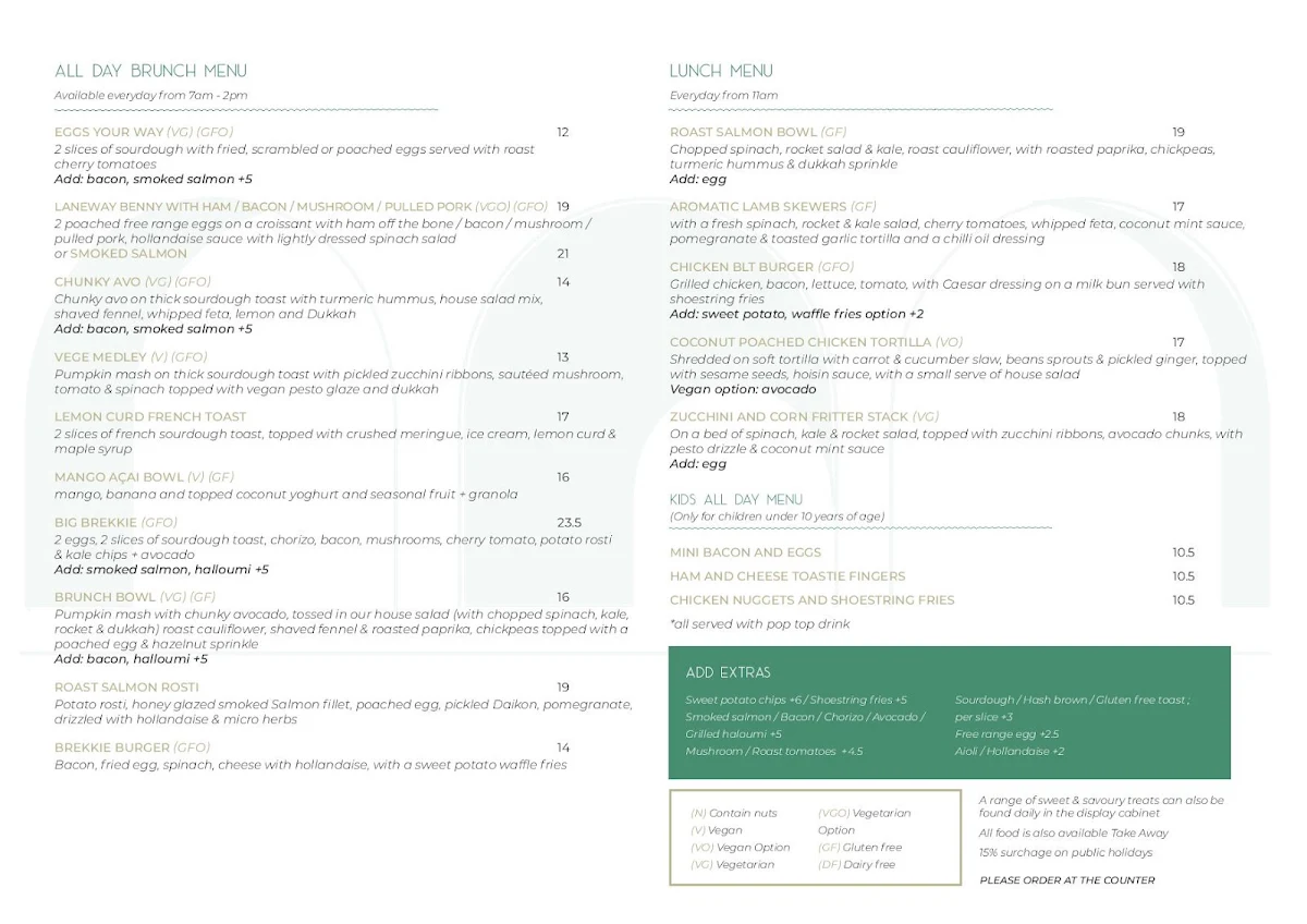 Menu, The Laneway Green