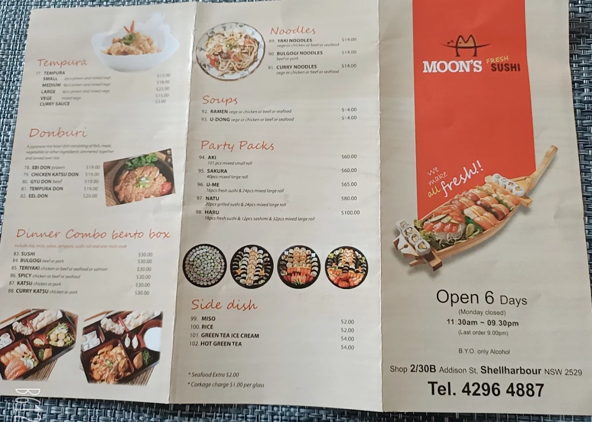 Menu, Moon's Sushi Shellharbour