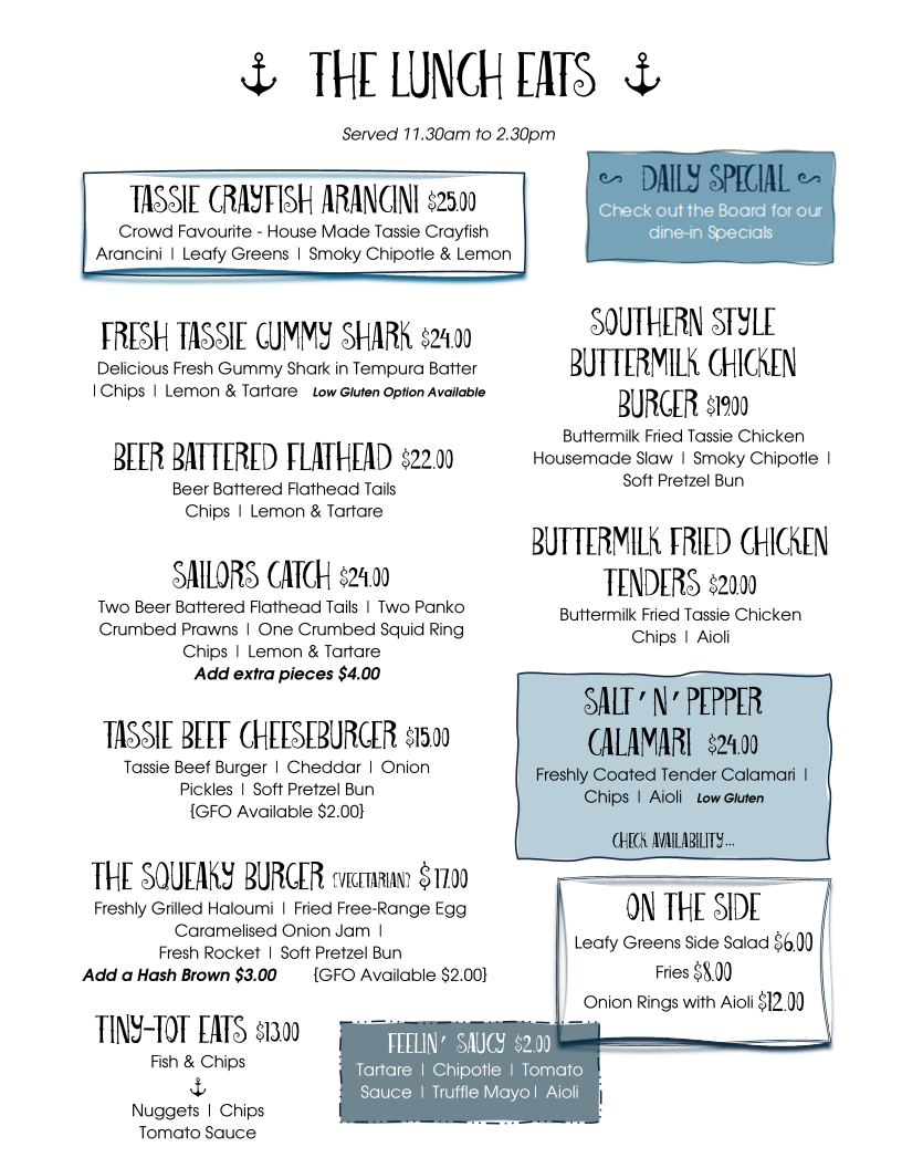 Menu, Sailor Restaurant