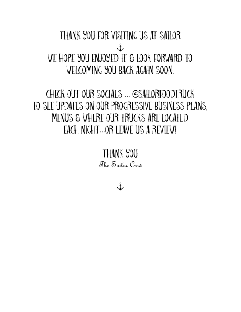 Menu, Sailor Restaurant
