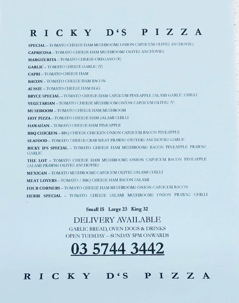 Menu, Ricky D's Pizza
