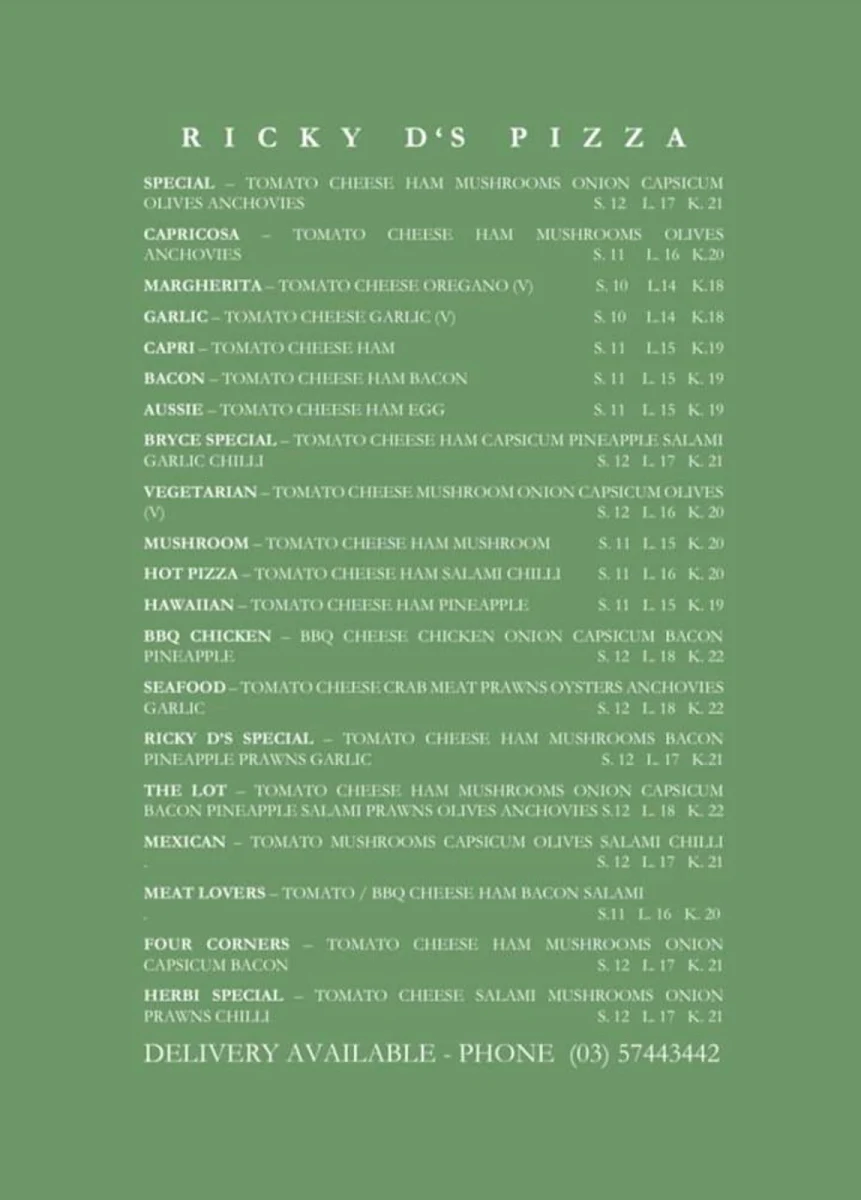 Menu, Ricky D's Pizza