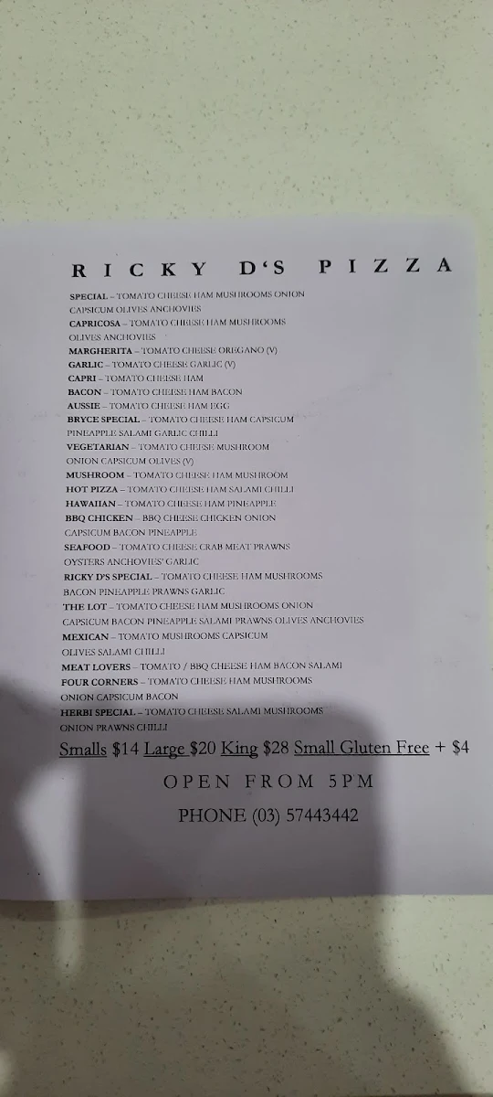 Menu, Ricky D's Pizza