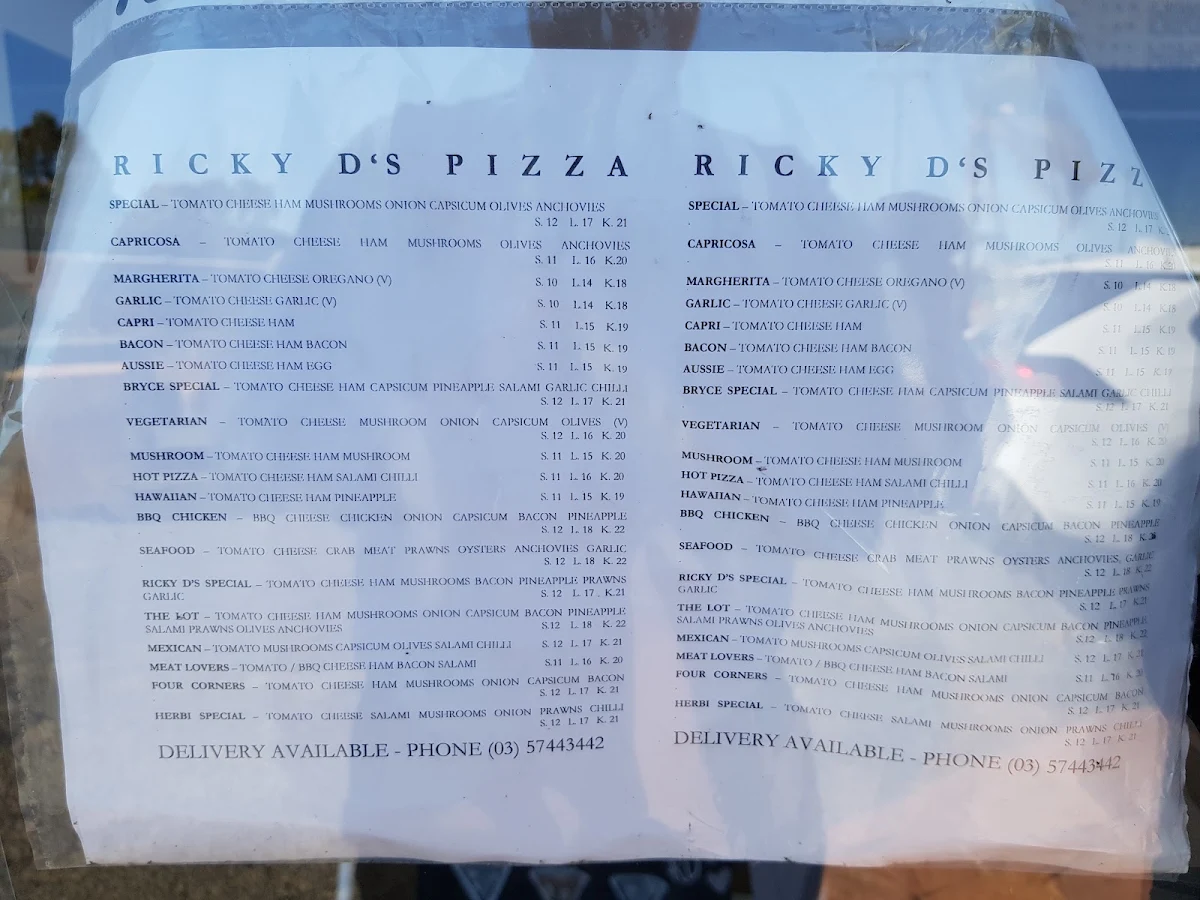 Menu, Ricky D's Pizza