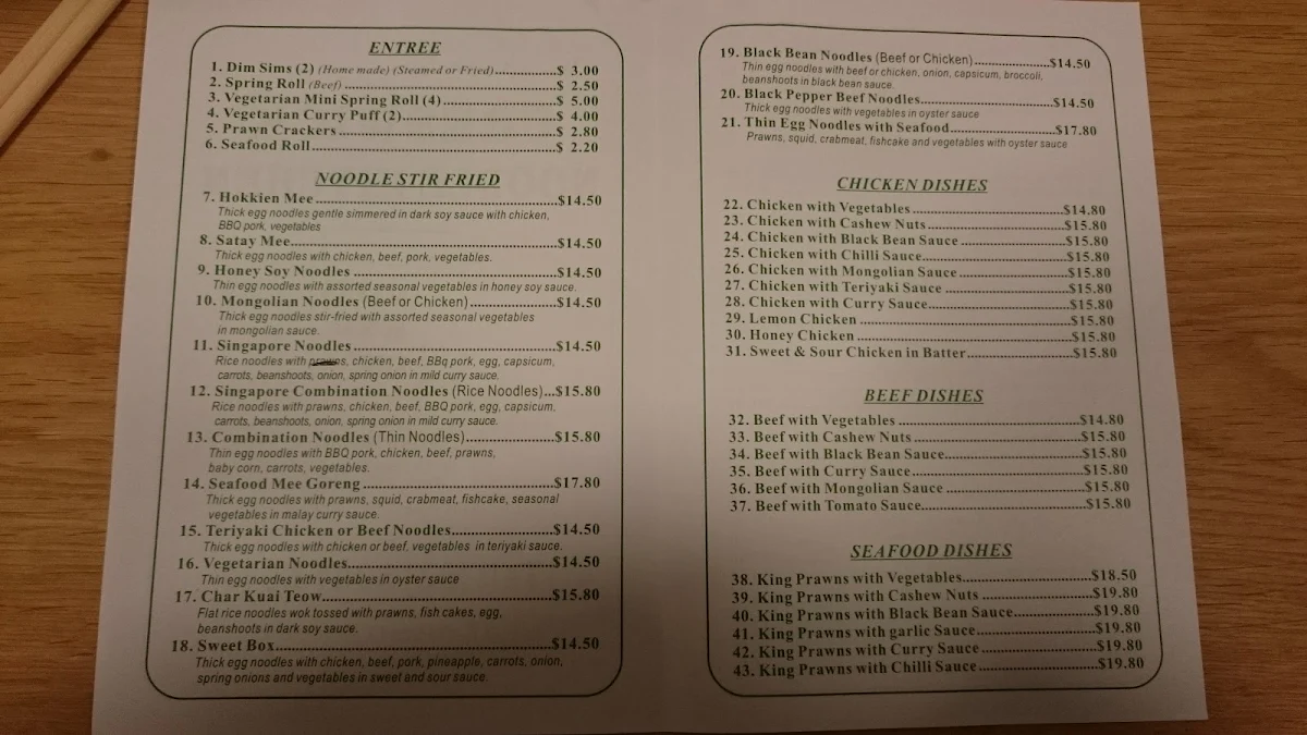 Menu, Creswick Noodle Kitchen