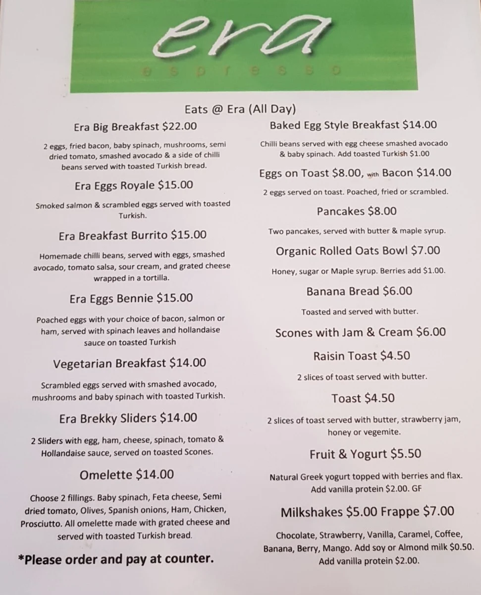 Menu, Era Espresso