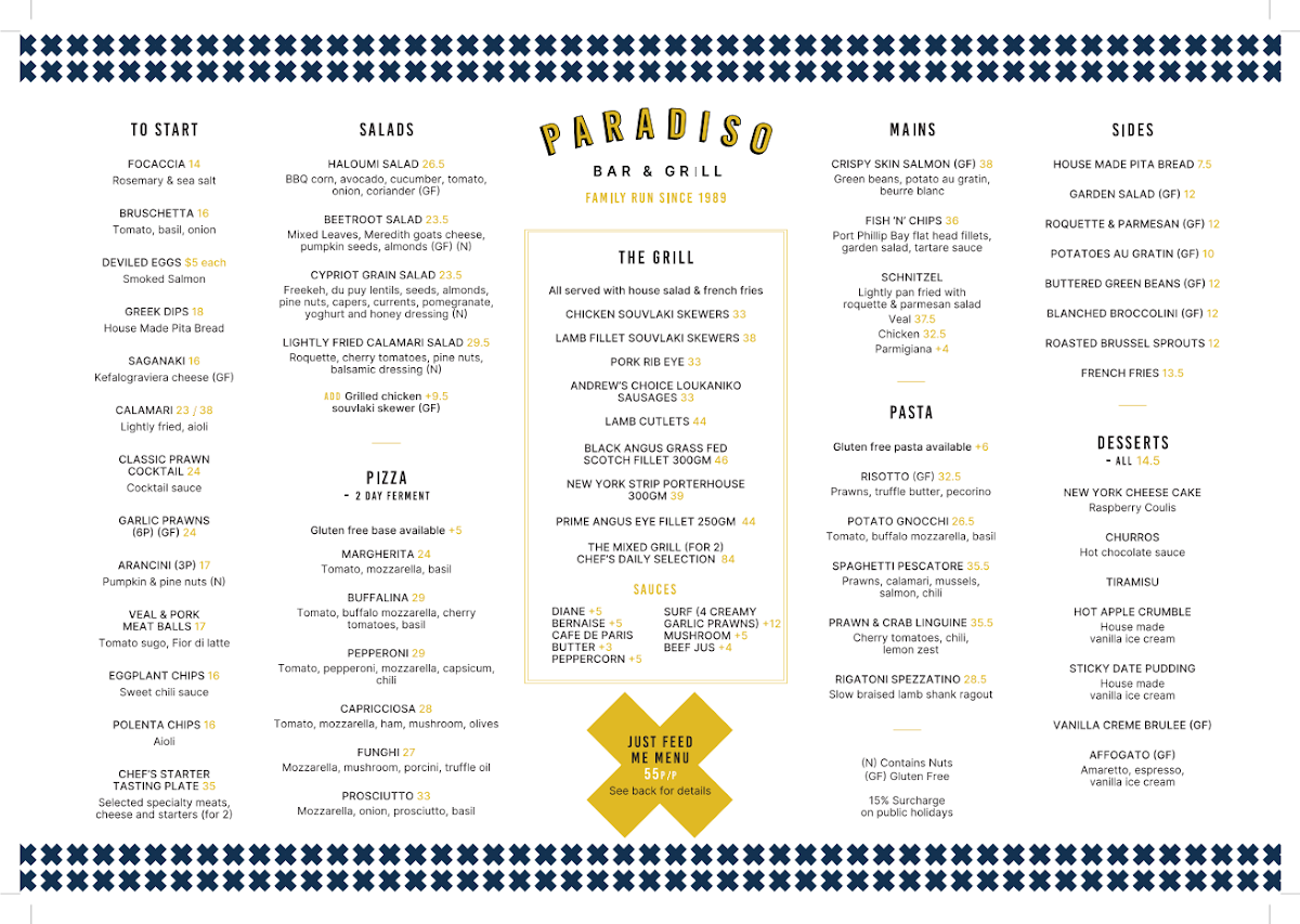 Menu, Paradiso Bar and Grill