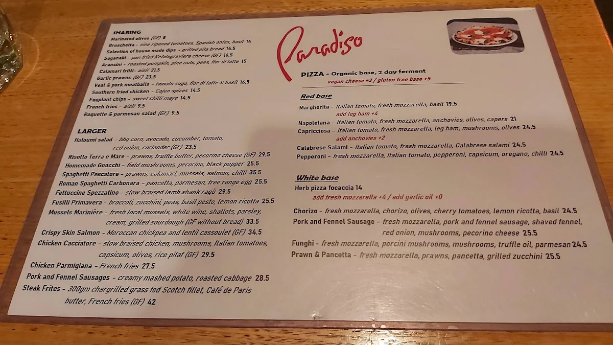 Menu, Paradiso Bar and Grill