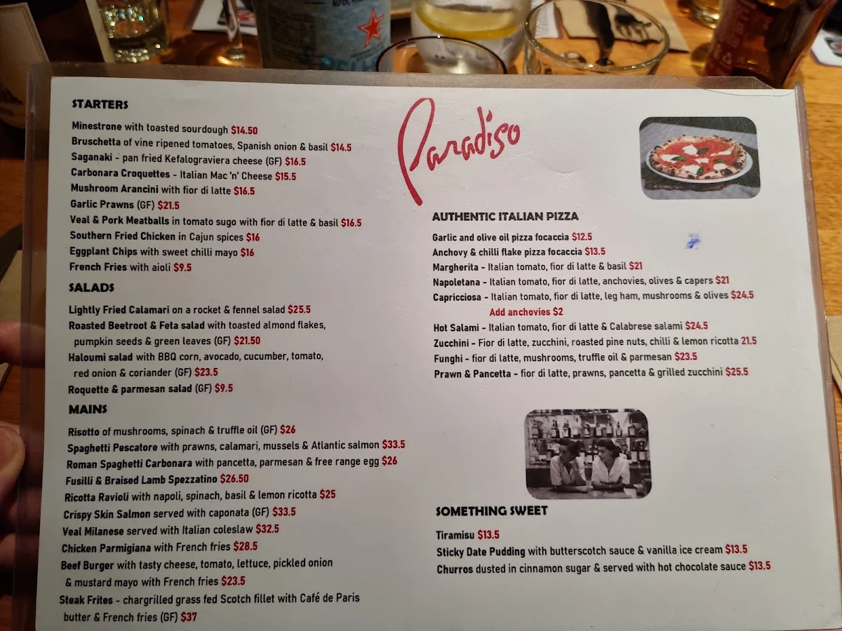 Menu, Paradiso Bar and Grill