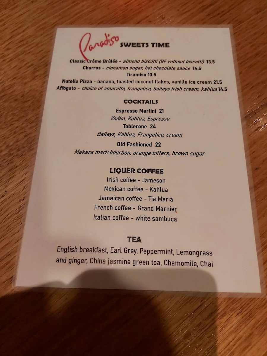 Menu, Paradiso Bar and Grill