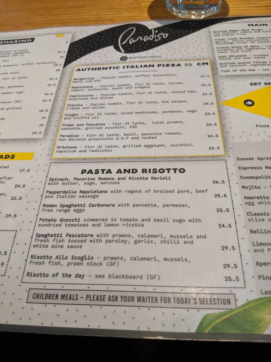 Menu, Paradiso Bar and Grill