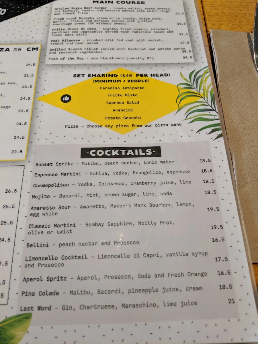 Menu, Paradiso Bar and Grill