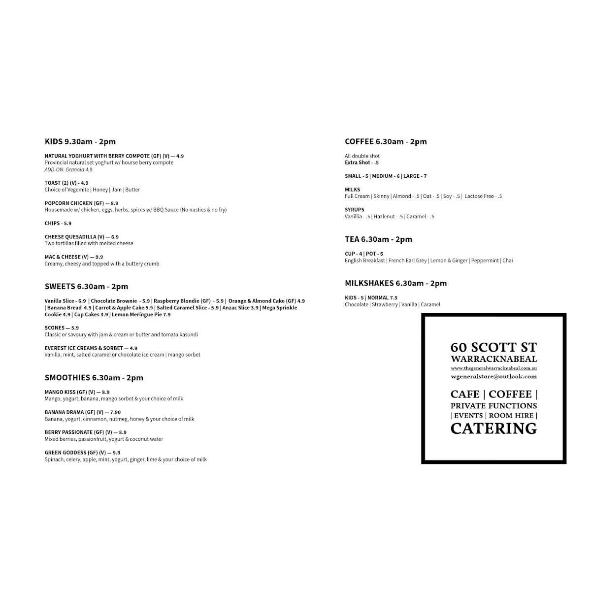 Menu, The General Store Warracknabeal