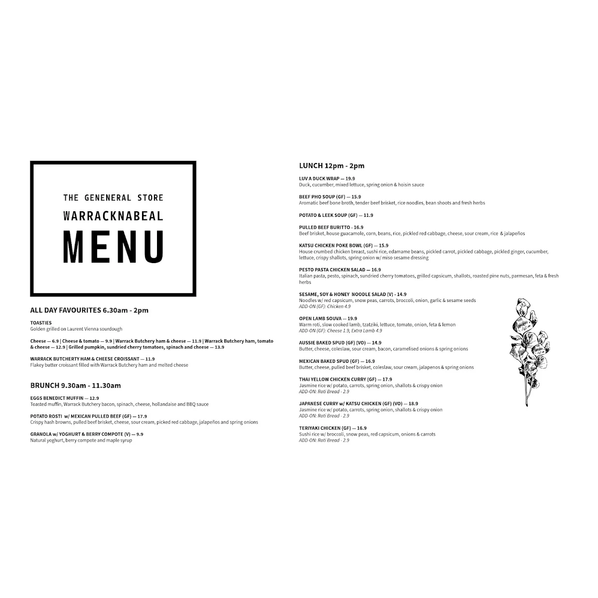 Menu, The General Store Warracknabeal