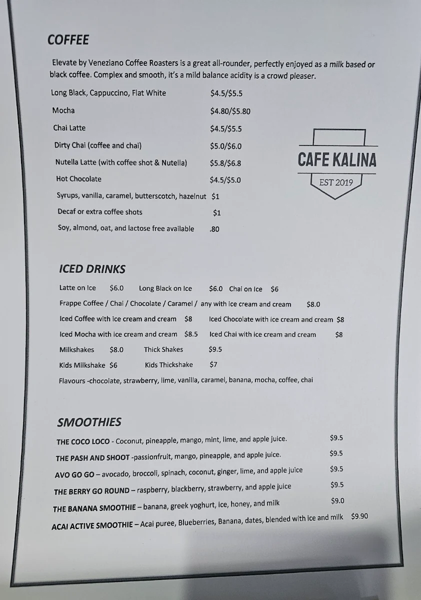 Menu, The Cafe Kalina Springfield