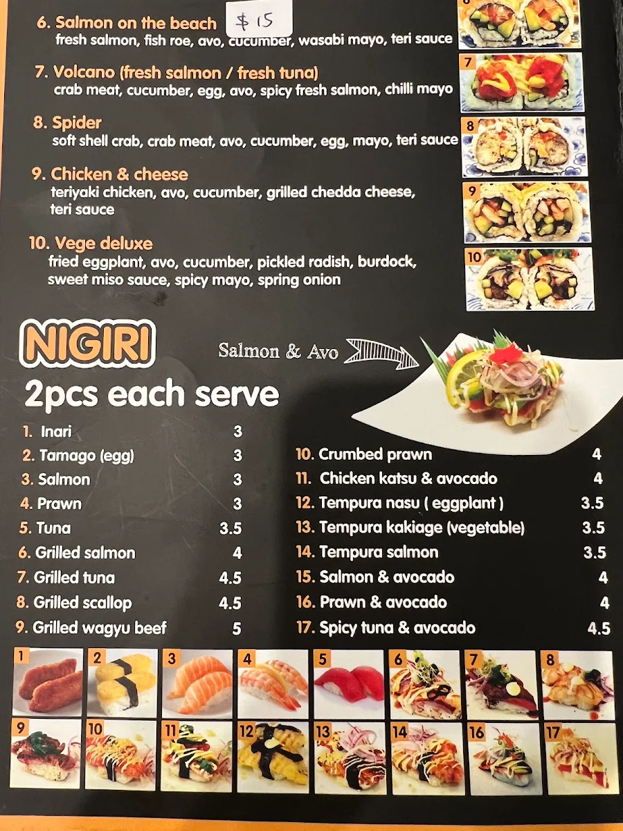 Menu, sushi and bowl