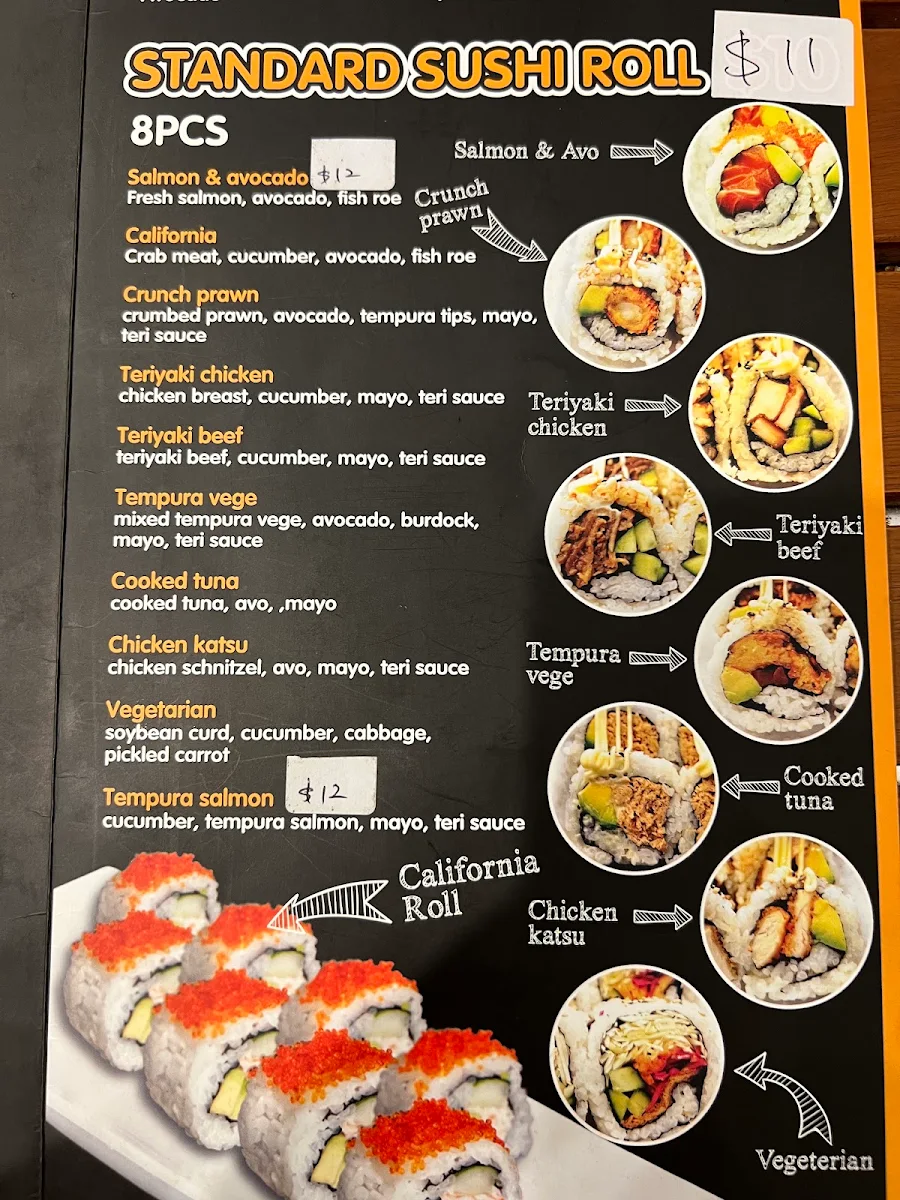Menu, sushi and bowl