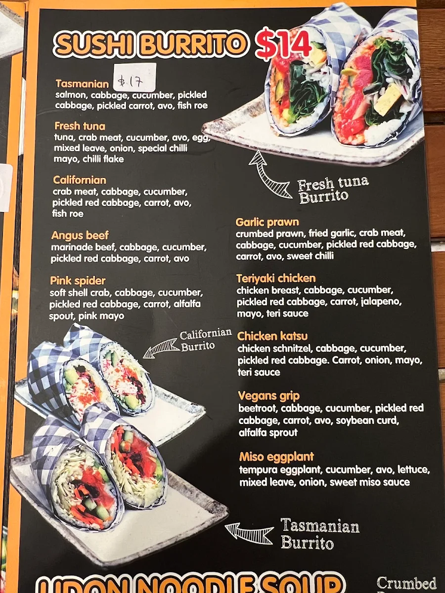 Menu, sushi and bowl