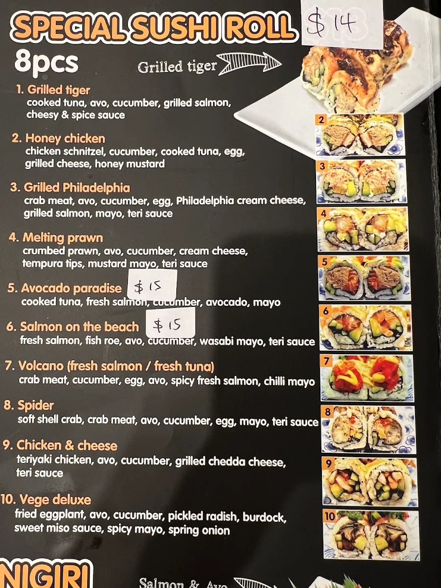 Menu, sushi and bowl