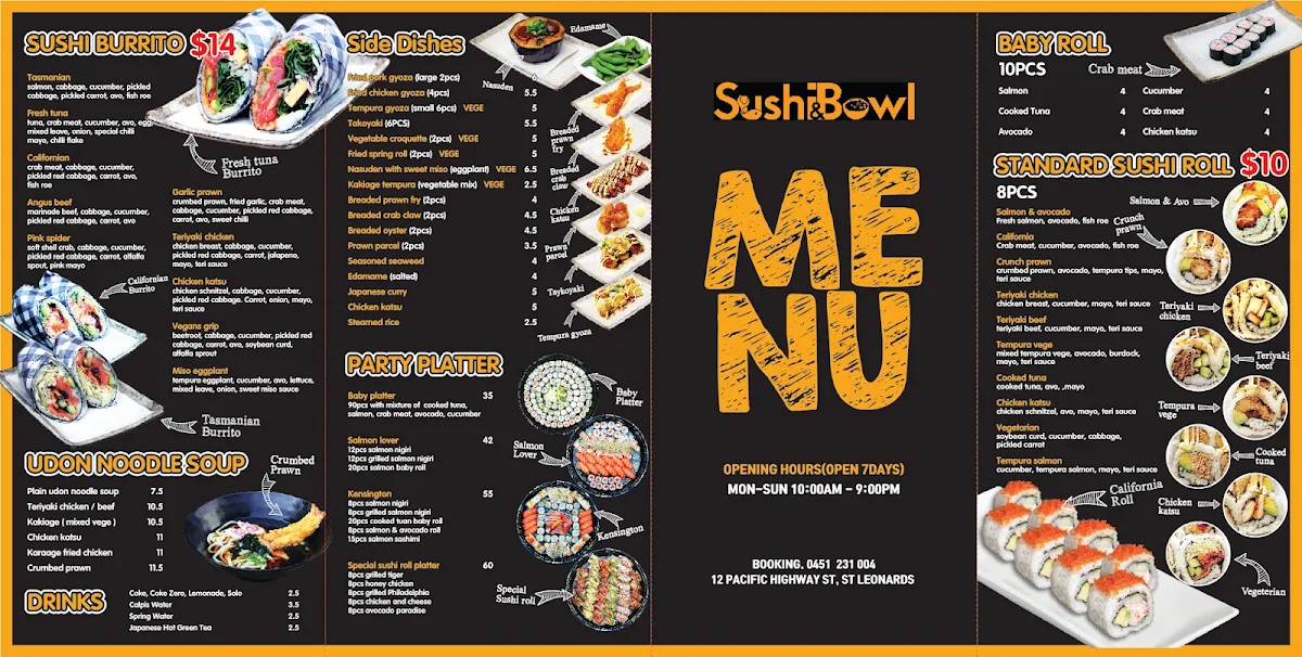 Menu, sushi and bowl