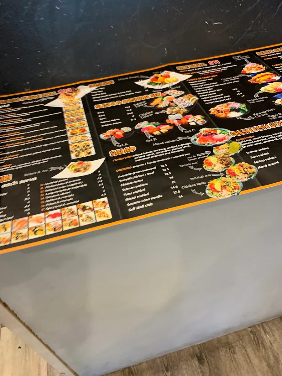 Menu, sushi and bowl