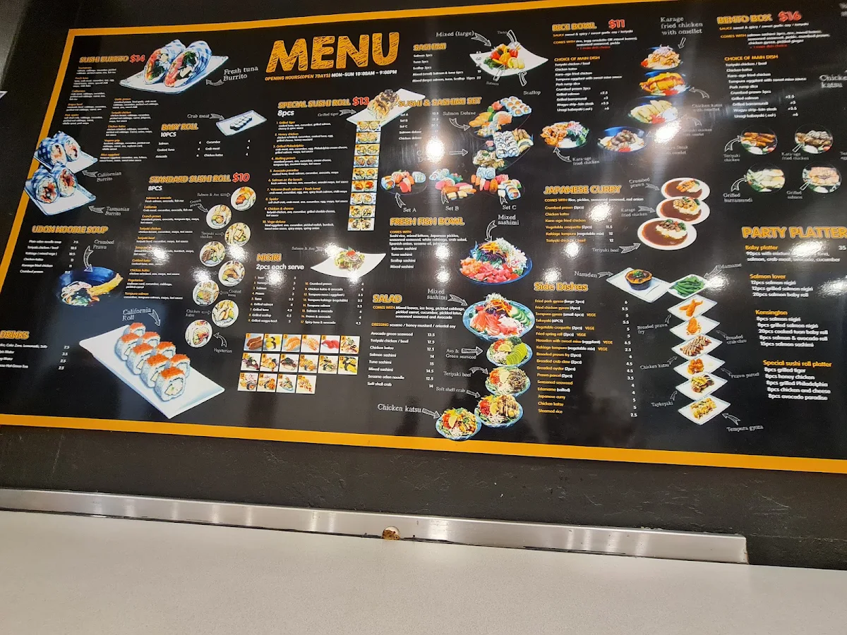 Menu, sushi and bowl