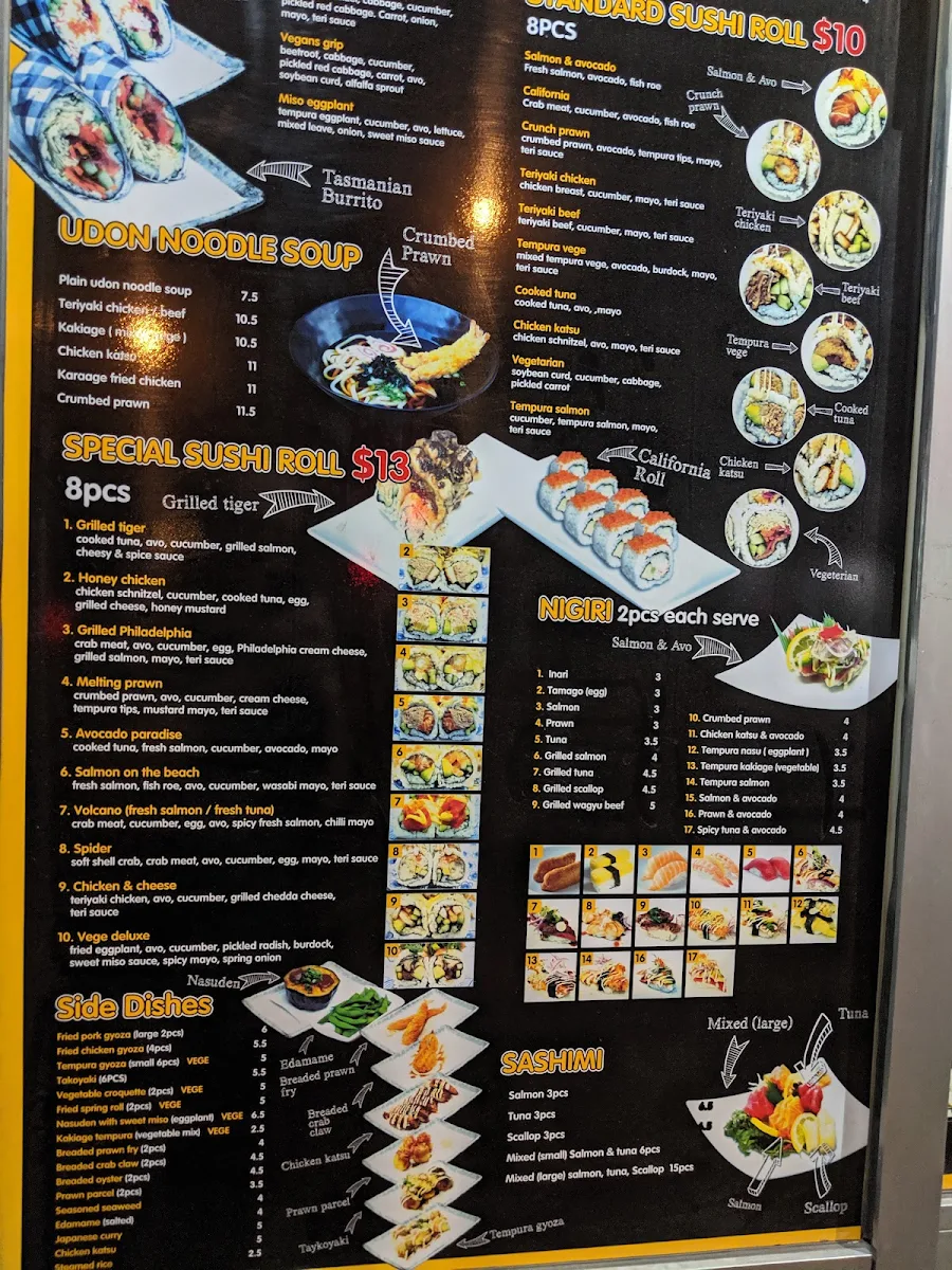 Menu, sushi and bowl