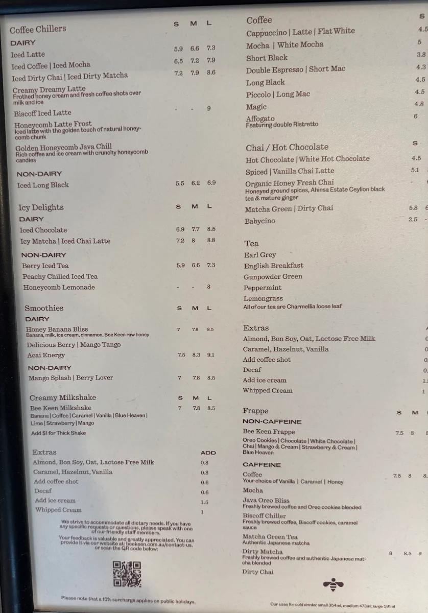 Menu, Bee Keen Cafe Knox