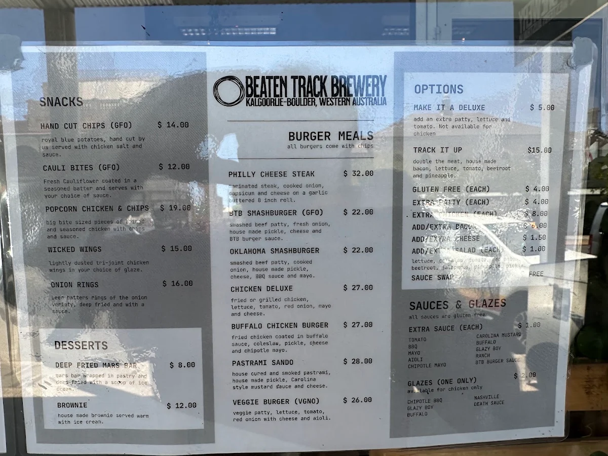 Menu, Beaten Track Brewery