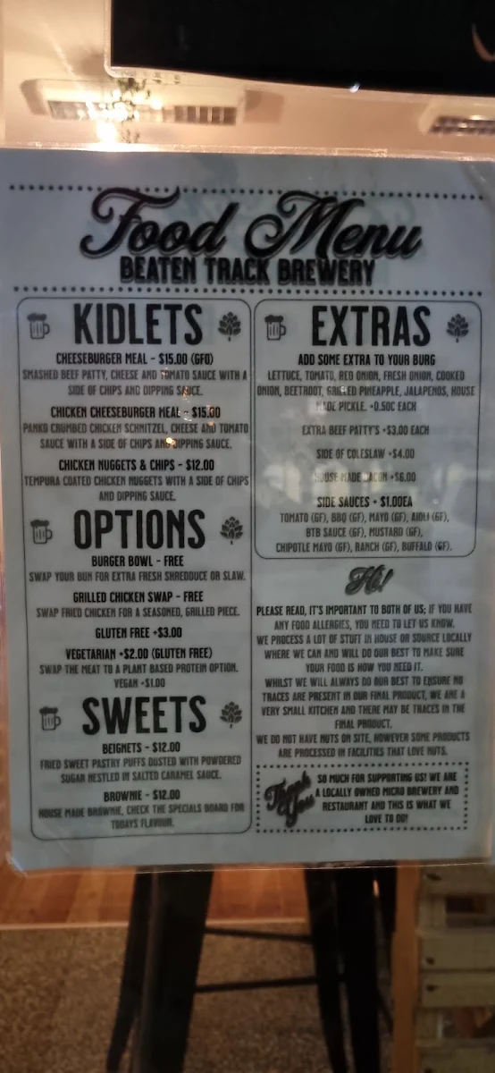 Menu, Beaten Track Brewery