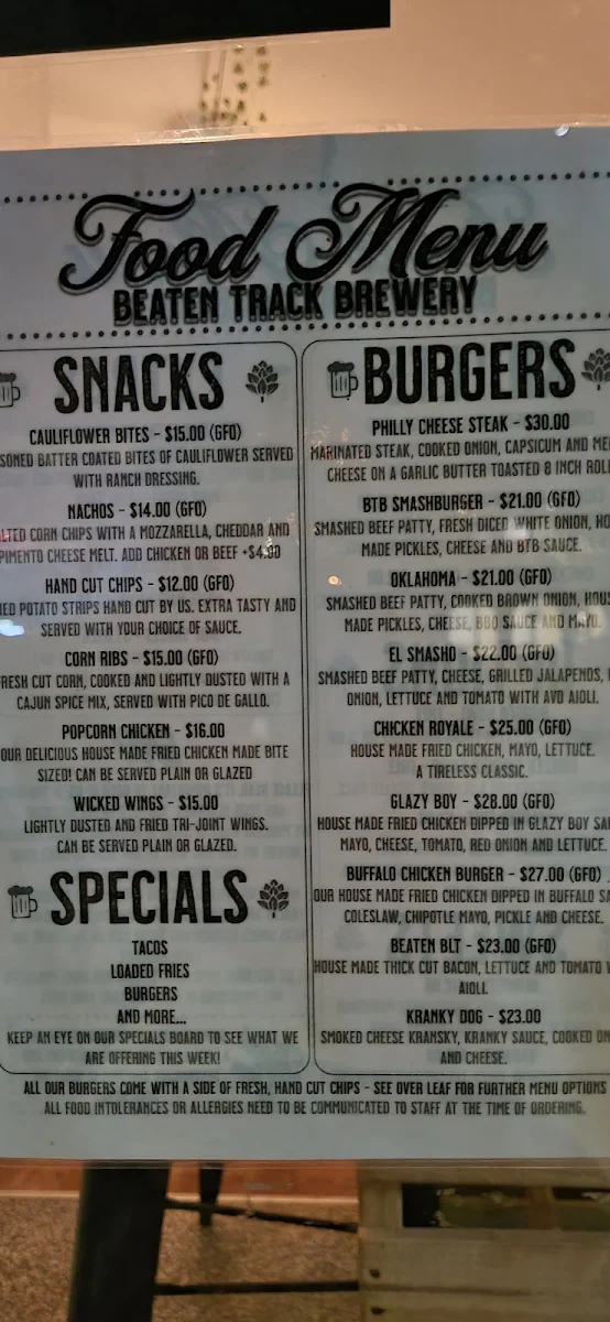 Menu, Beaten Track Brewery