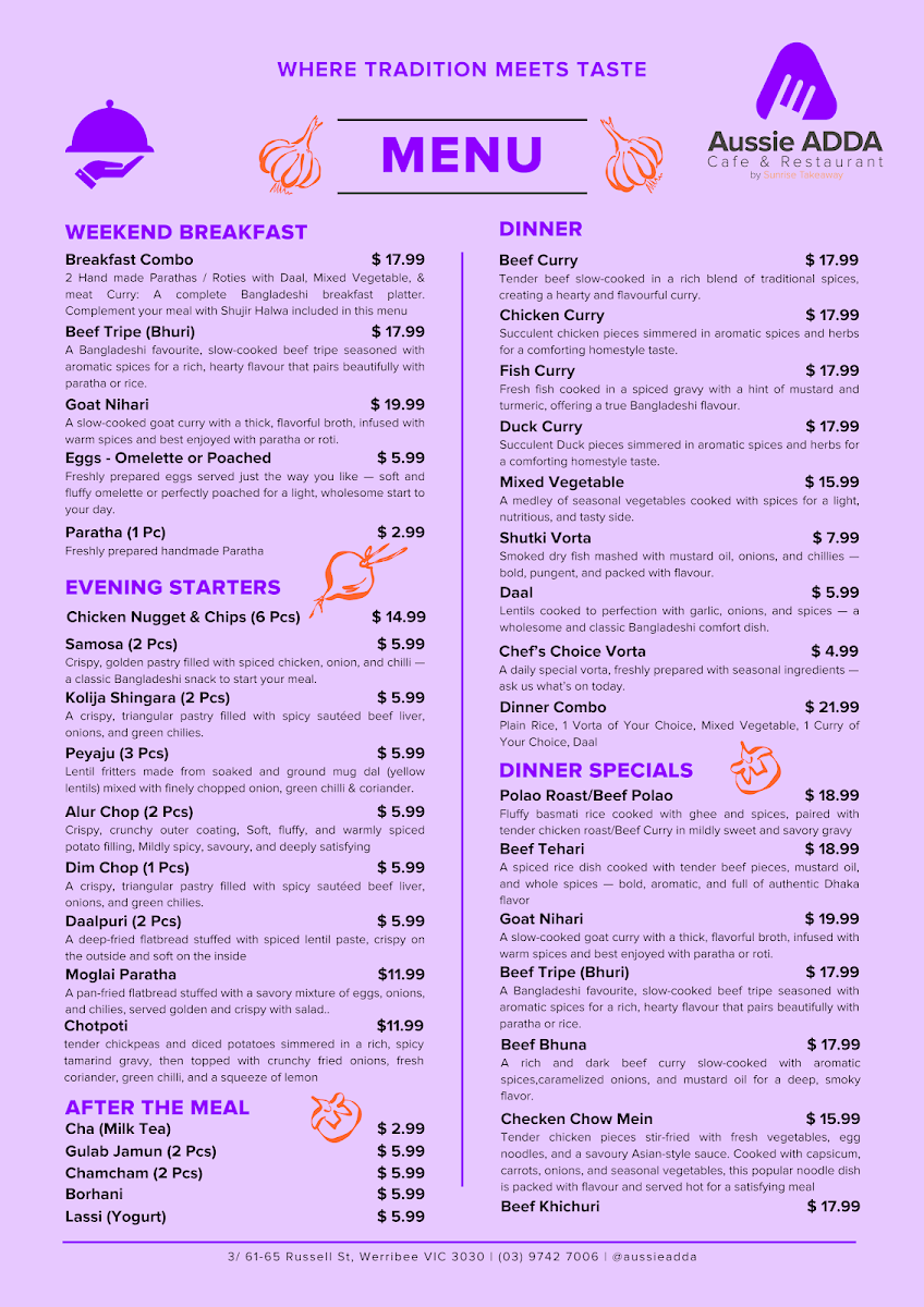 Menu, Aussie ADDA Cafe & Restaurant