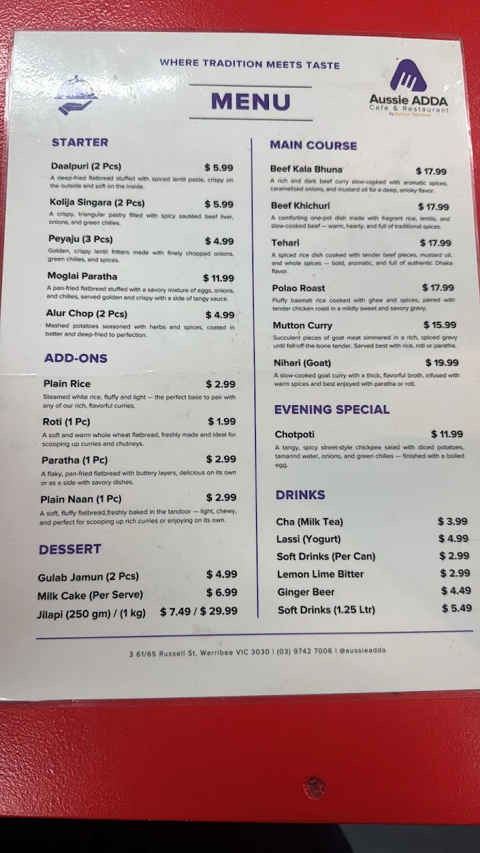 Menu, Aussie ADDA Cafe & Restaurant