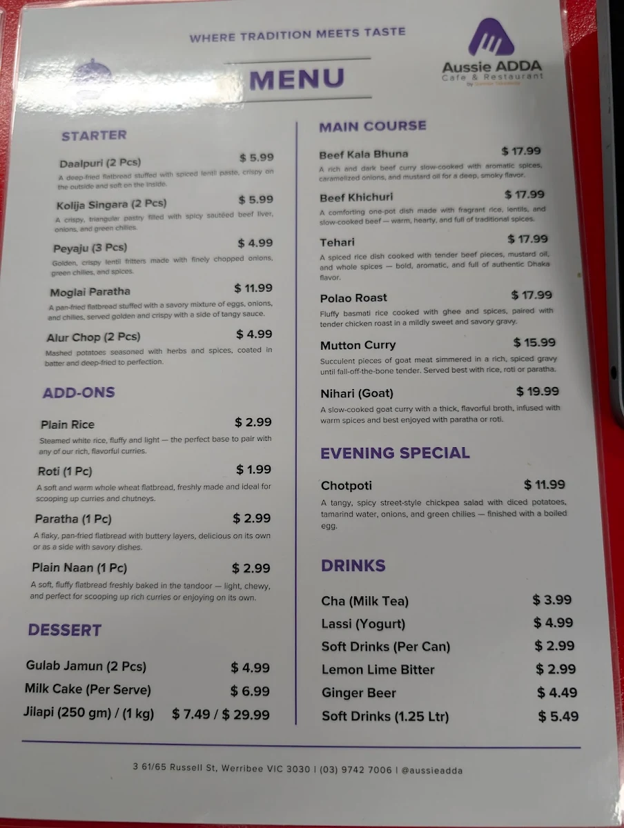 Menu, Aussie ADDA Cafe & Restaurant