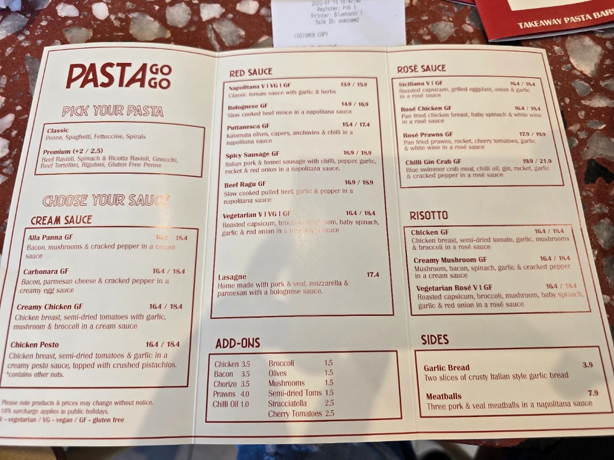 Menu, Pastagogo Norwood