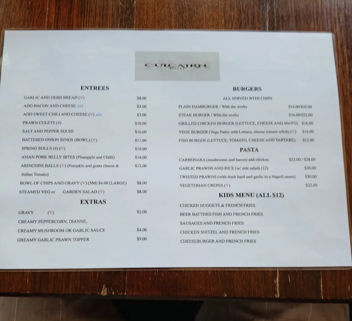 Menu, Culcairn Hotel