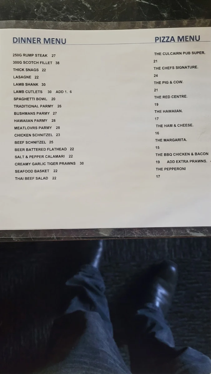 Menu, Culcairn Hotel