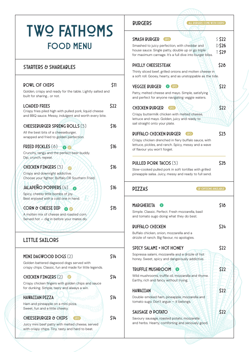 Menu, Two Fathoms Brewing