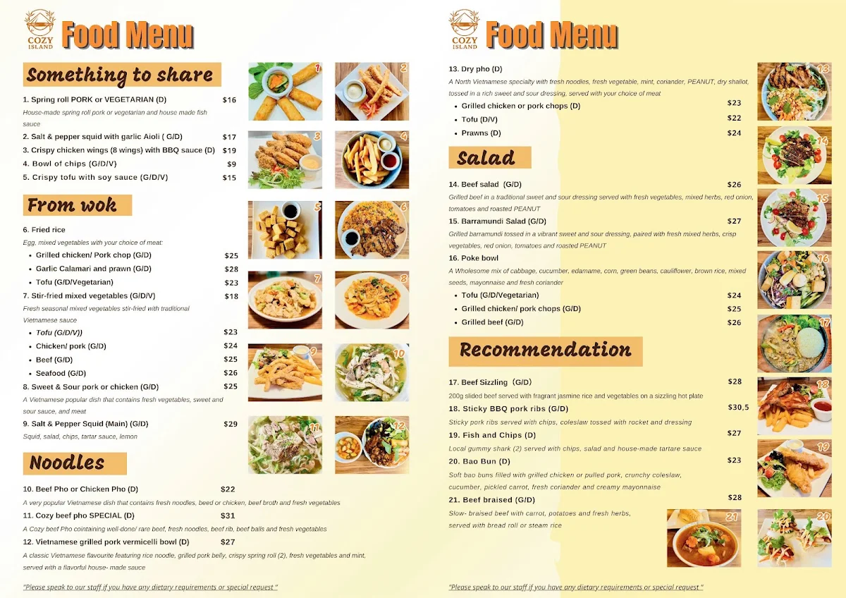 Menu, COZY ISLAND RESTAURANT