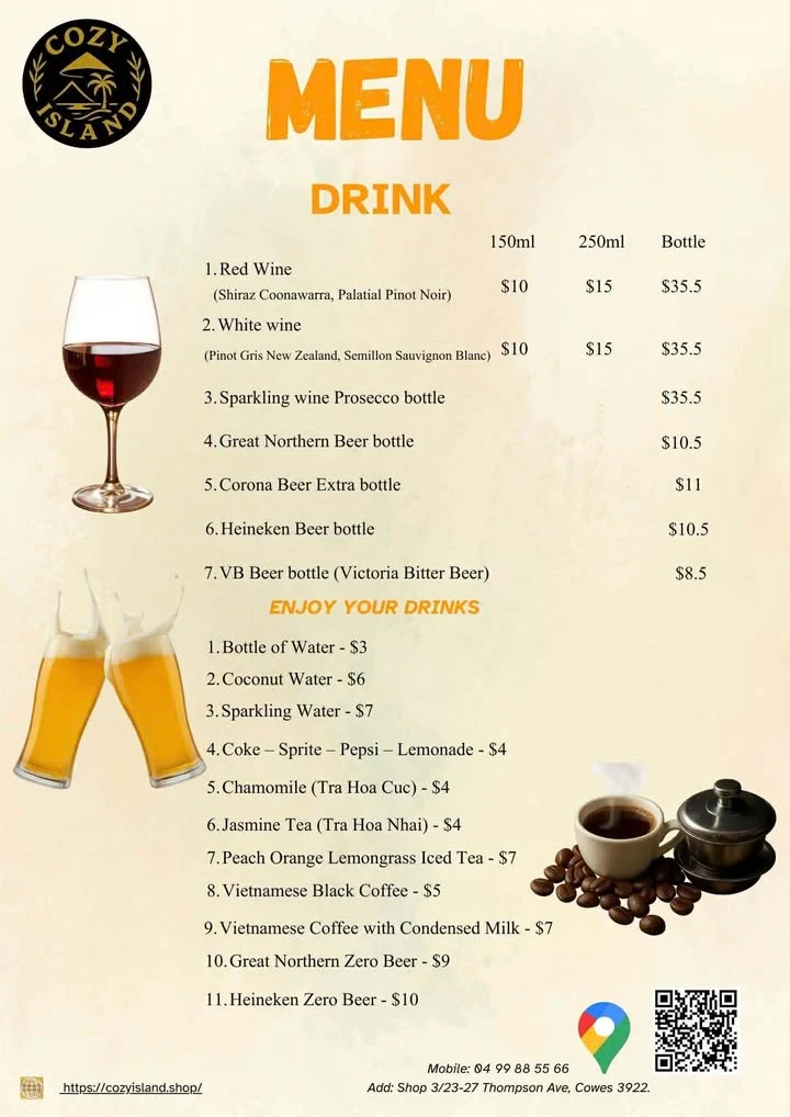 Menu, COZY ISLAND RESTAURANT