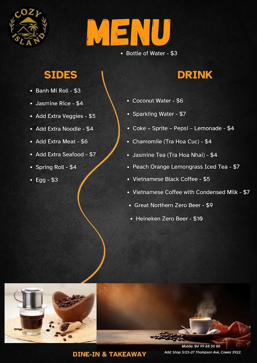 Menu, COZY ISLAND RESTAURANT