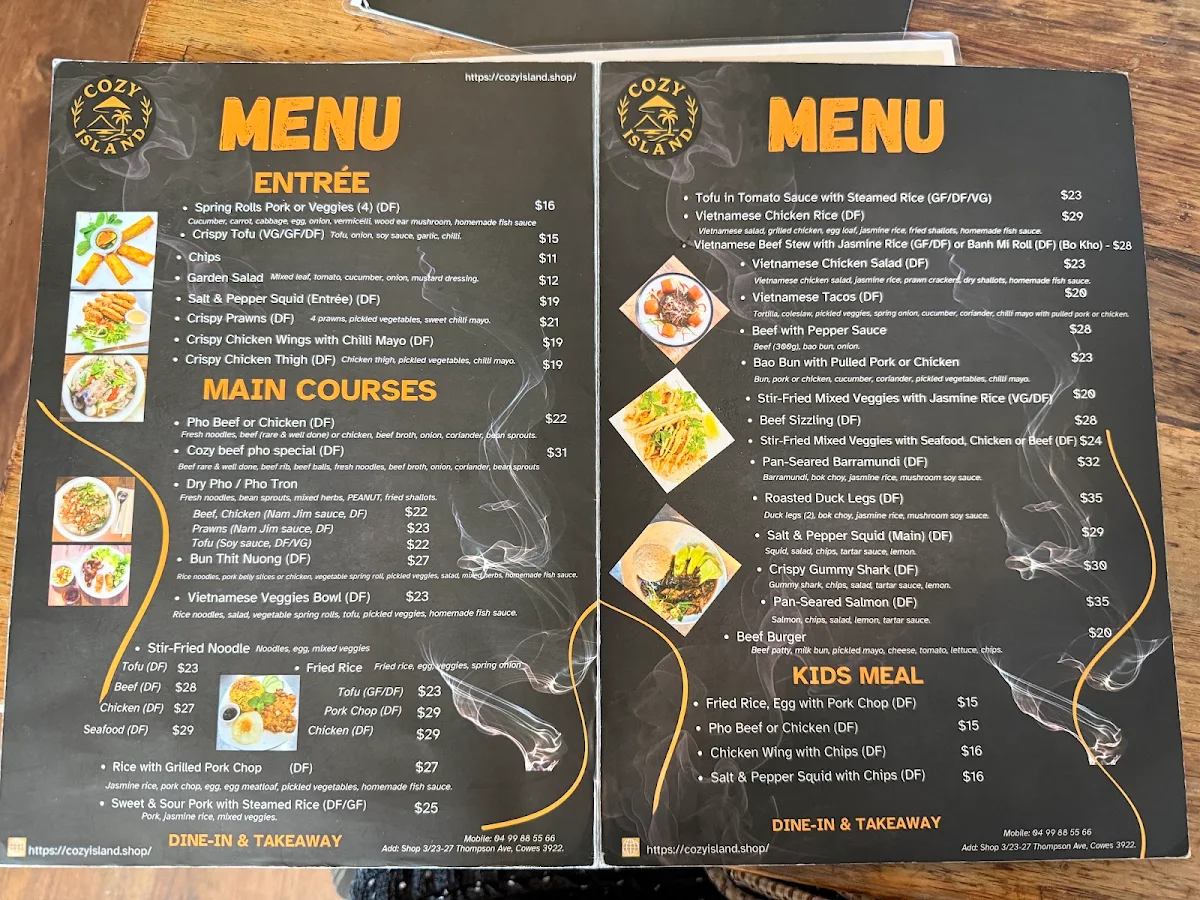 Menu, COZY ISLAND RESTAURANT
