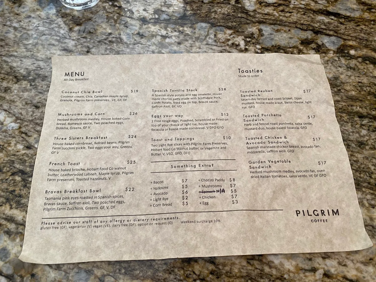 Menu, Pilgrim Coffee