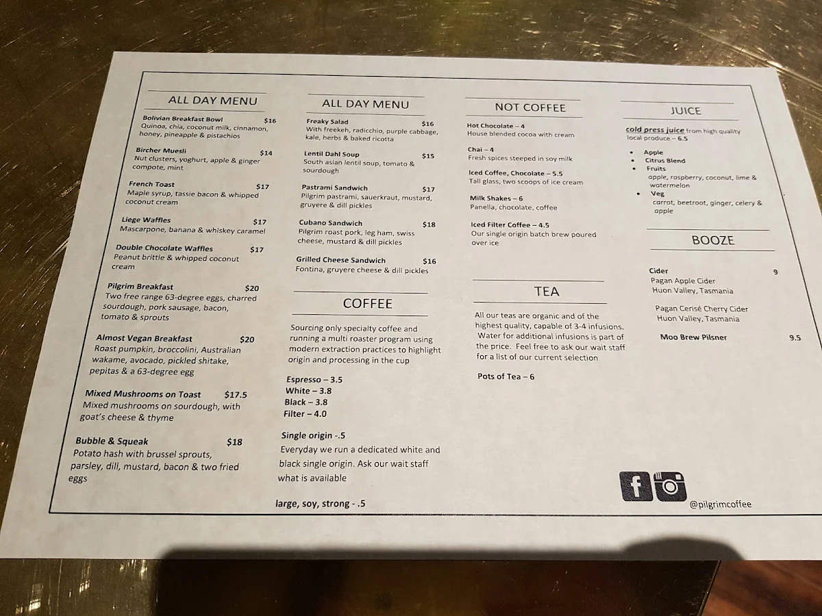Menu, Pilgrim Coffee