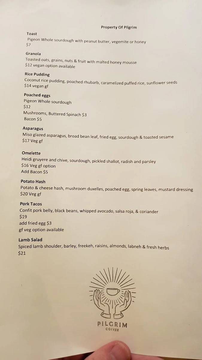 Menu, Pilgrim Coffee