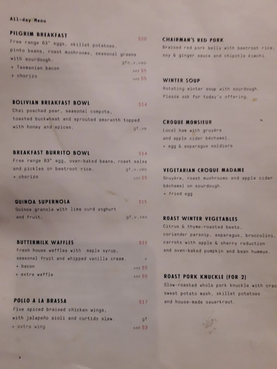 Menu, Pilgrim Coffee