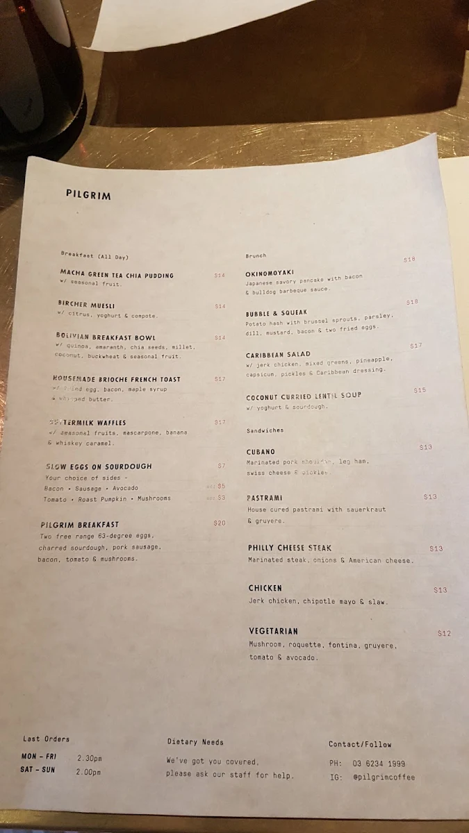 Menu, Pilgrim Coffee