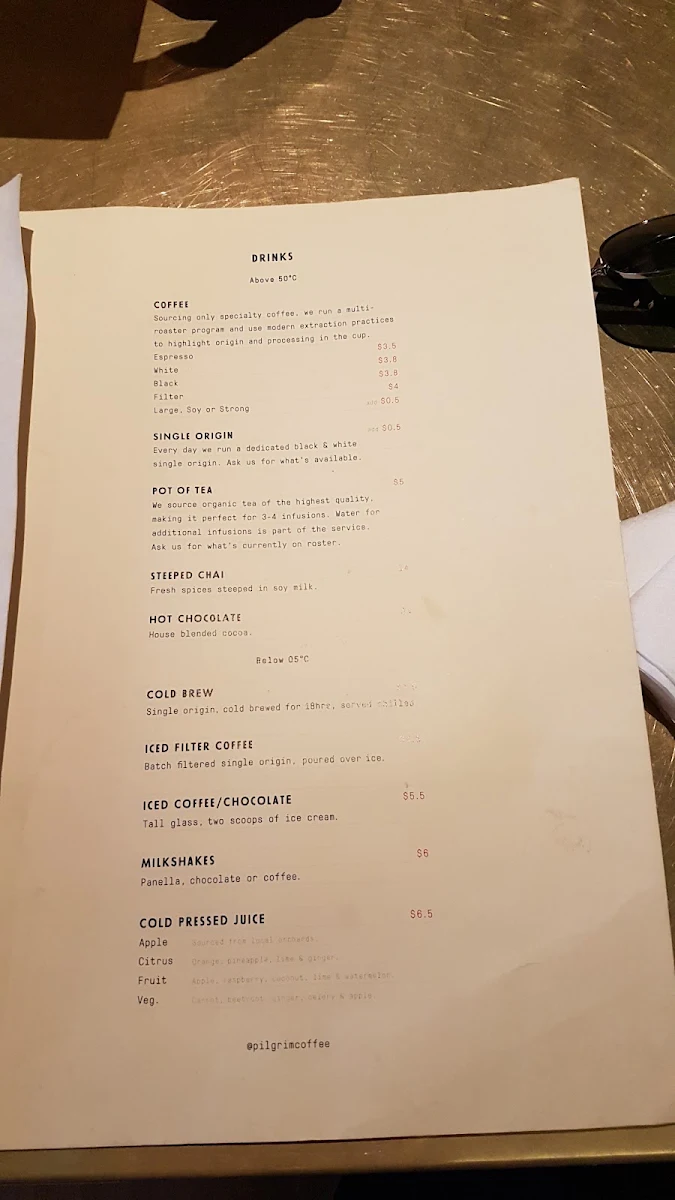 Menu, Pilgrim Coffee