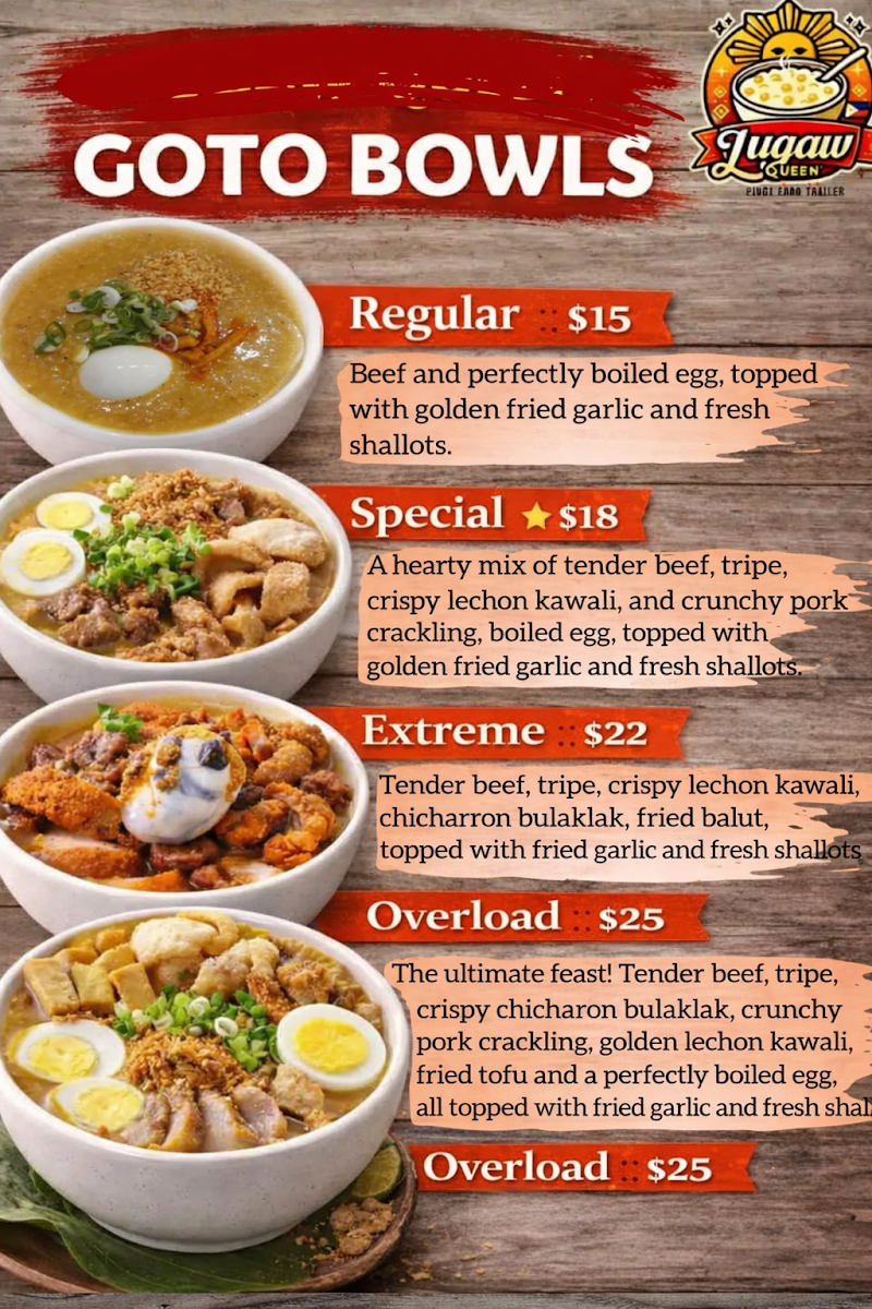 Menu, Lugaw Queen Restaurant