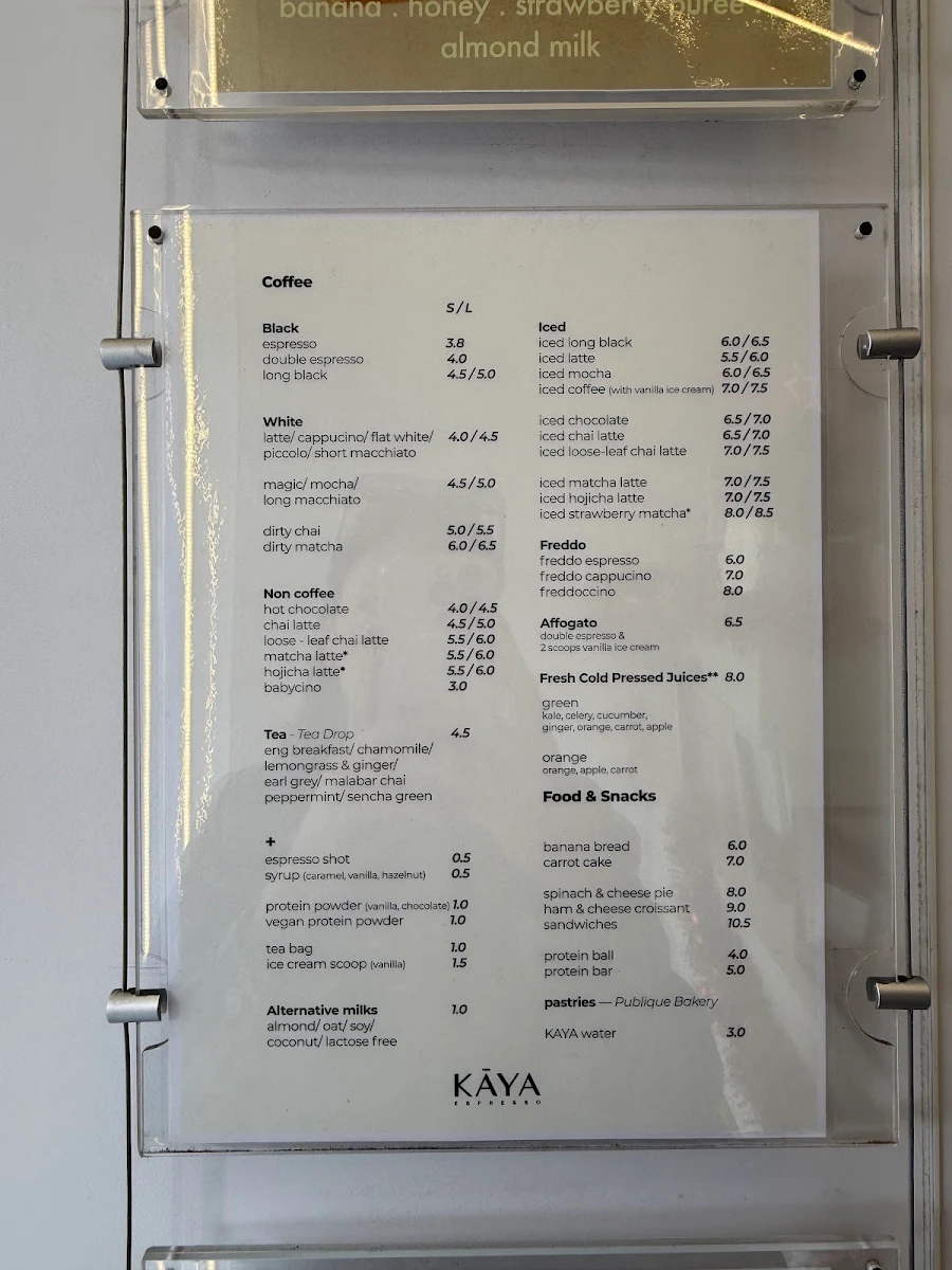 Menu, KĀYA Espresso Bar